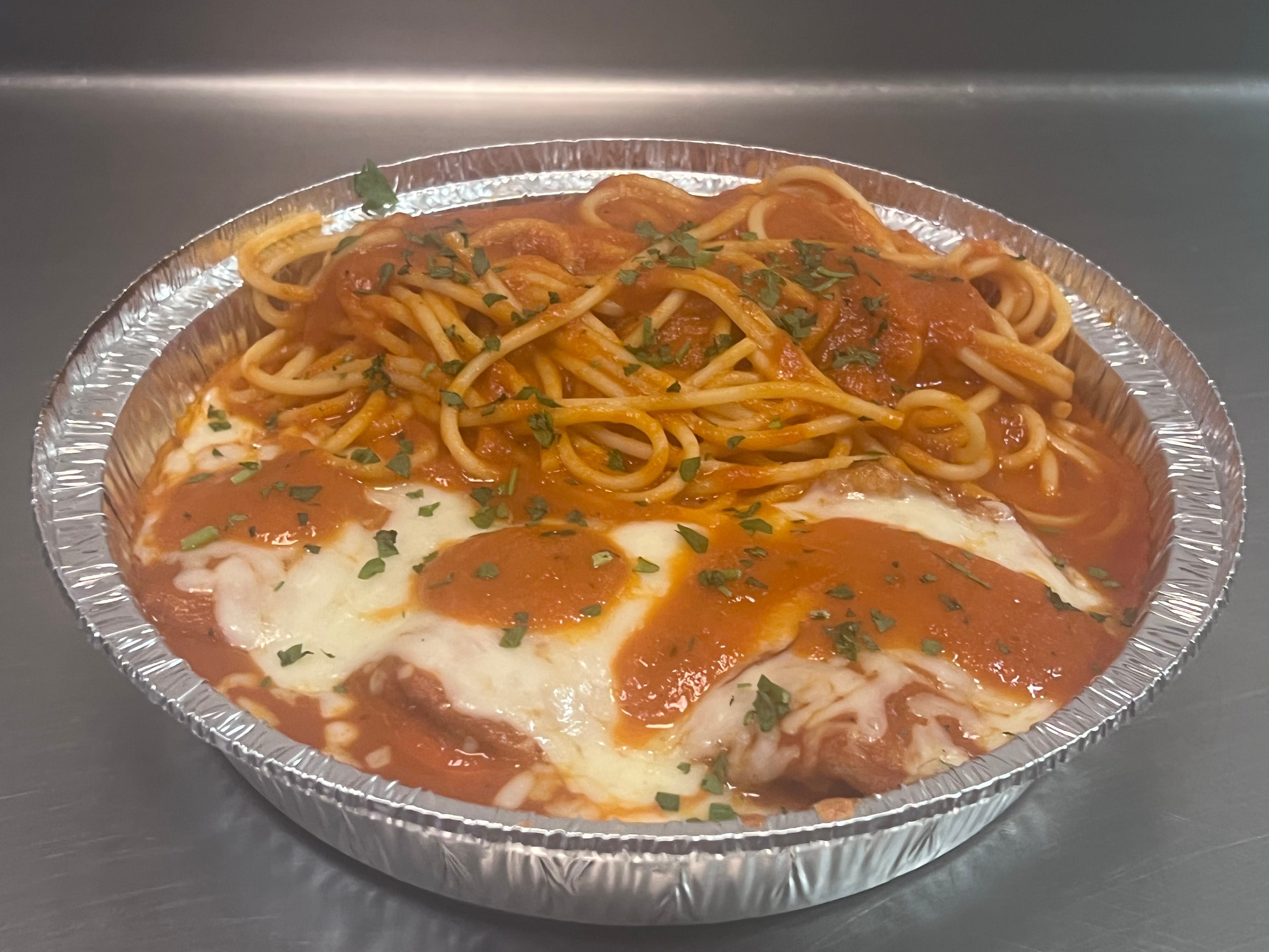Eggplant Parmigiana over Pasta.